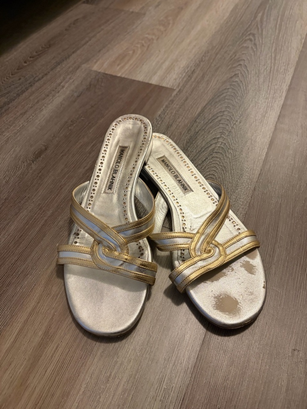 Manolo Blahnik Metallic Gold and Cream Slide Mules